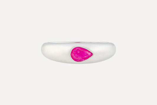 Mozambique ruby waterdrop dome ring Sterling silver with rhodium plating for a dazzling finish.