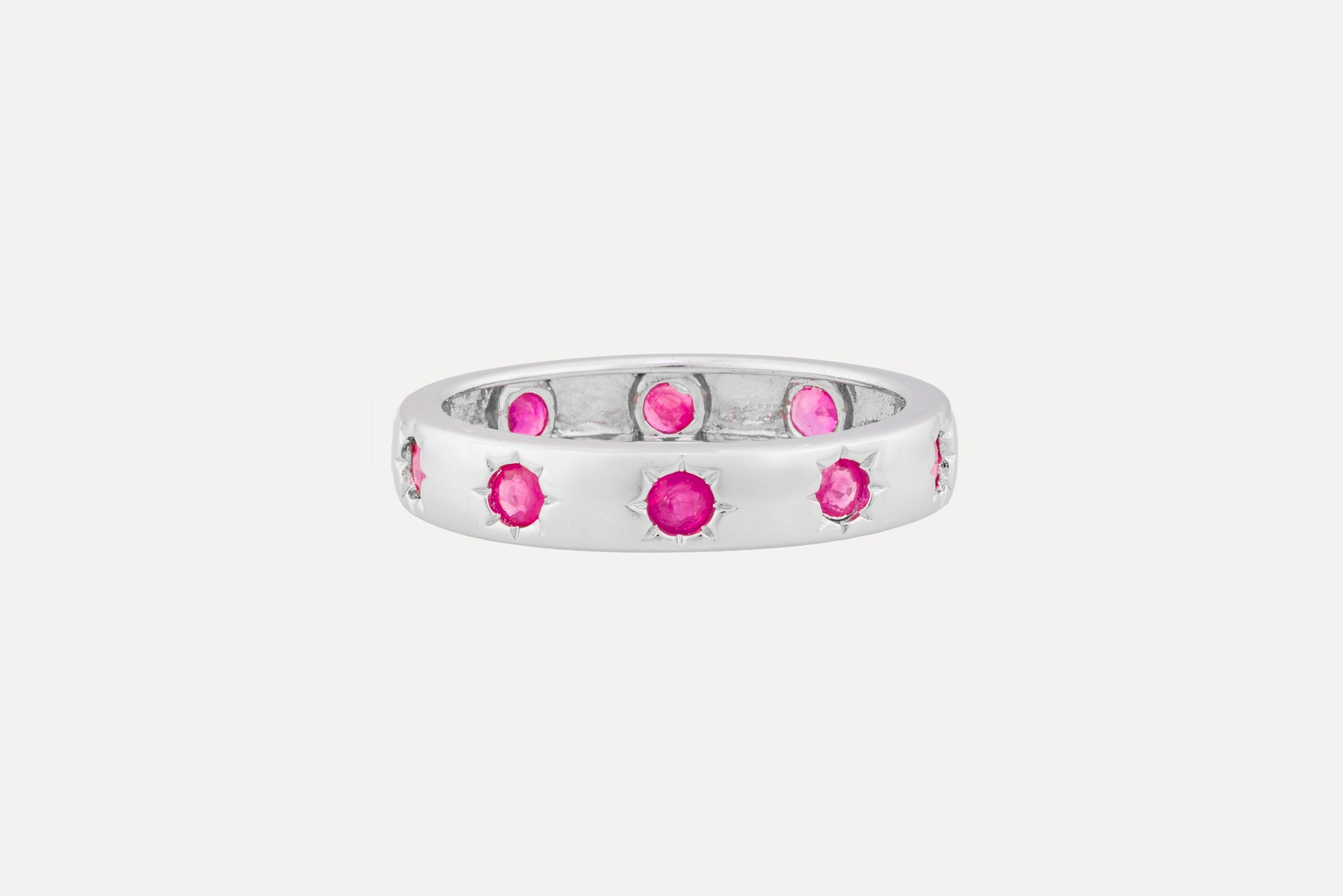 Ruby eternity ring in sterling silver with rhodium plating