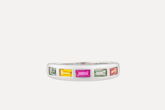 Half circle multi colour baguette cut sapphire eternity band ring set in sterling silver with rhodium plating.