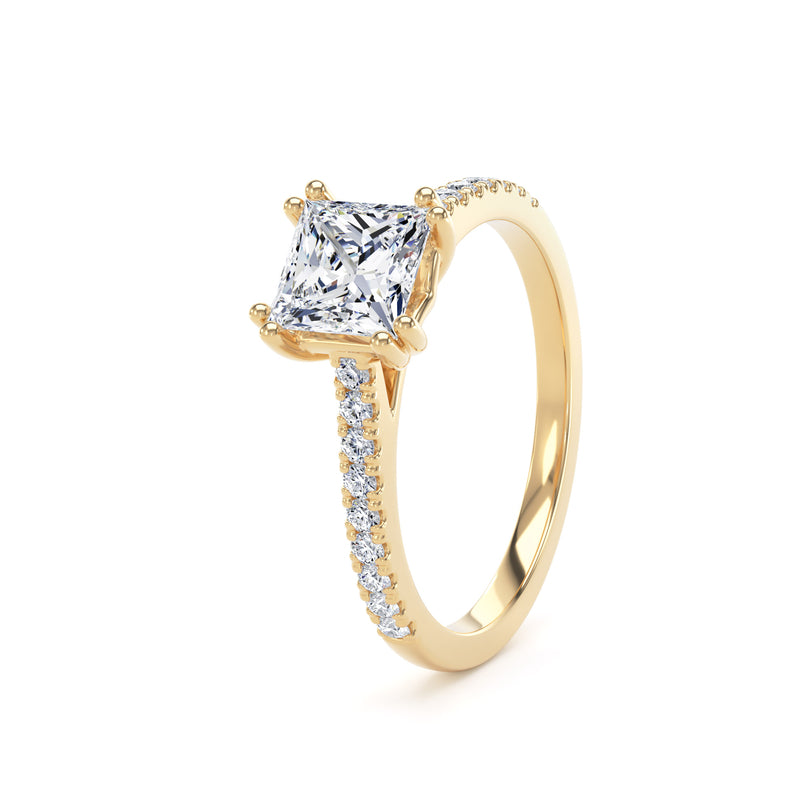 Princess Diamond Eight Prong Solitaire Ring With Encrusted Band In 18K Solid Gold