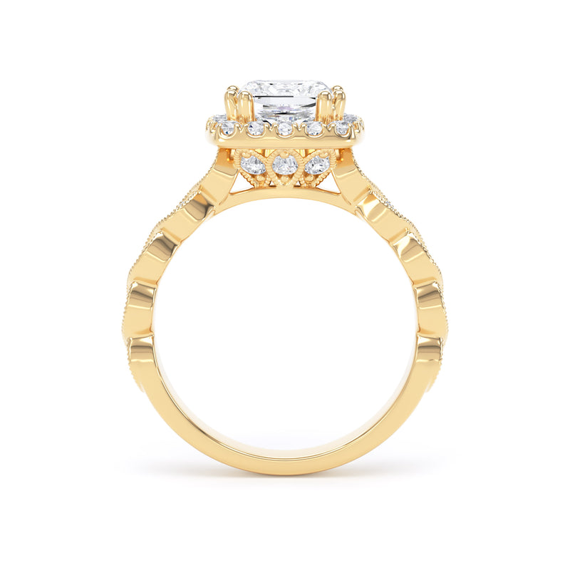 Princess Diamond Halo Ring With Diamond Set Woven Band In 18K Solid Gold