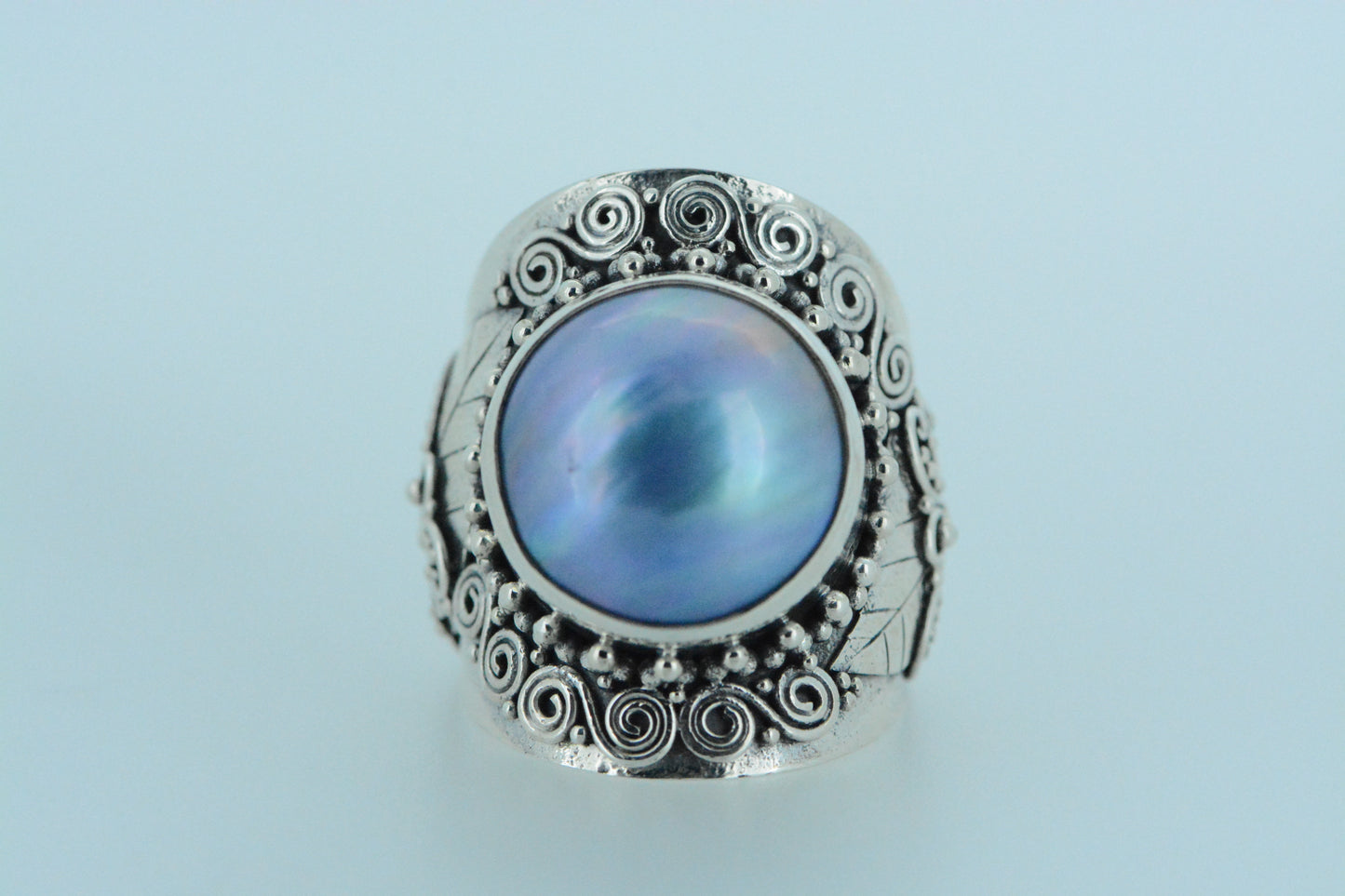 Chunky Balinese Design With Large Round Blue Pearl Ring
