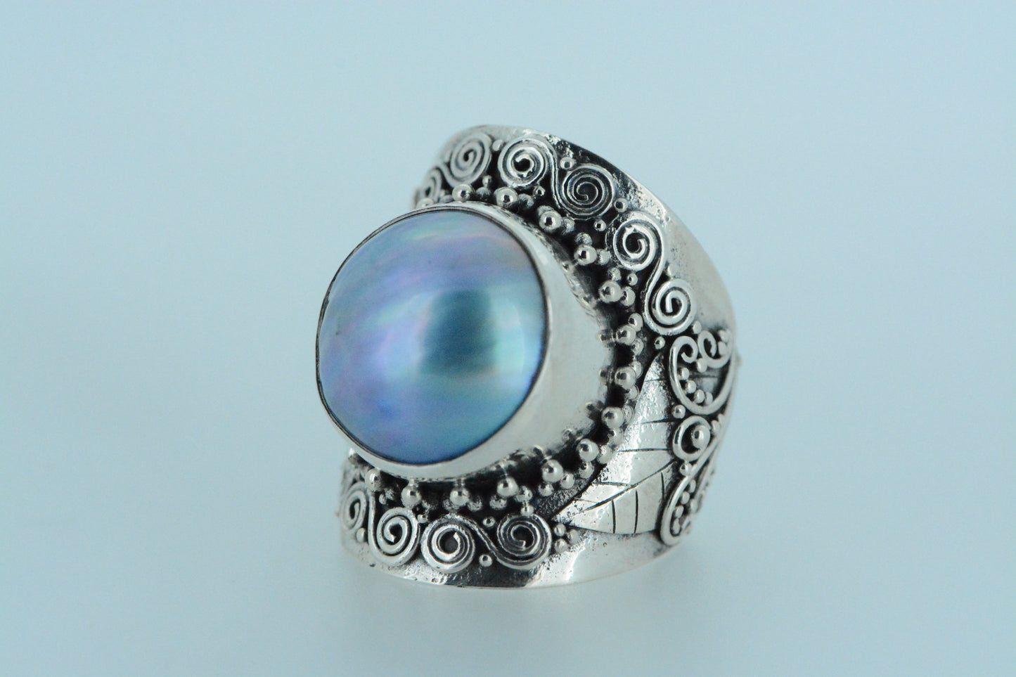 Chunky Balinese Design With Large Round Blue Pearl Ring