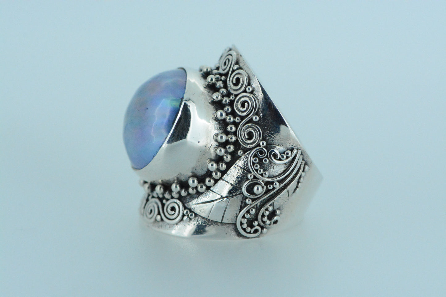 Chunky Balinese Design With Large Round Blue Pearl Ring