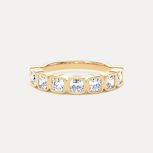 Cushion Bezel Set Diamonds Half Eternity Band In 18K Solid Gold
