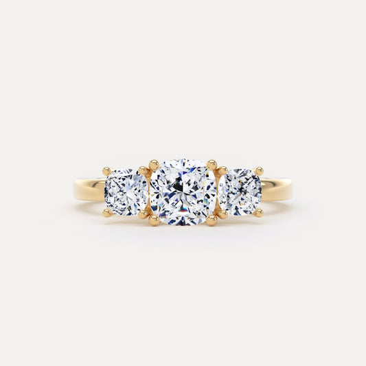 Cushion Diamond Trilogy Ring In 18K Solid Gold