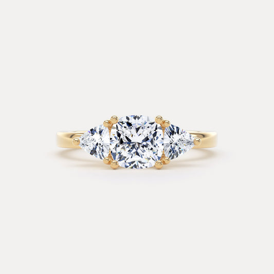 Cushion Diamond Trilogy Ring With Twin Trilliant Stones In 18K Solid Gold