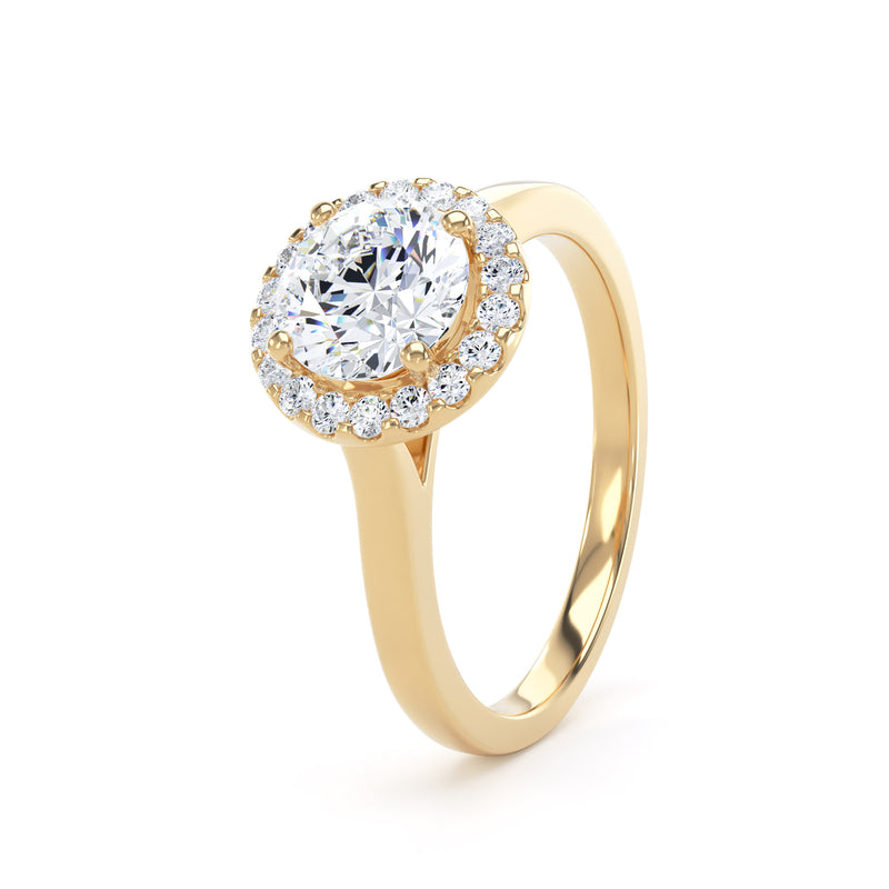 Round Brilliant Diamond Halo Ring With Plain Band In 18K Solid Gold