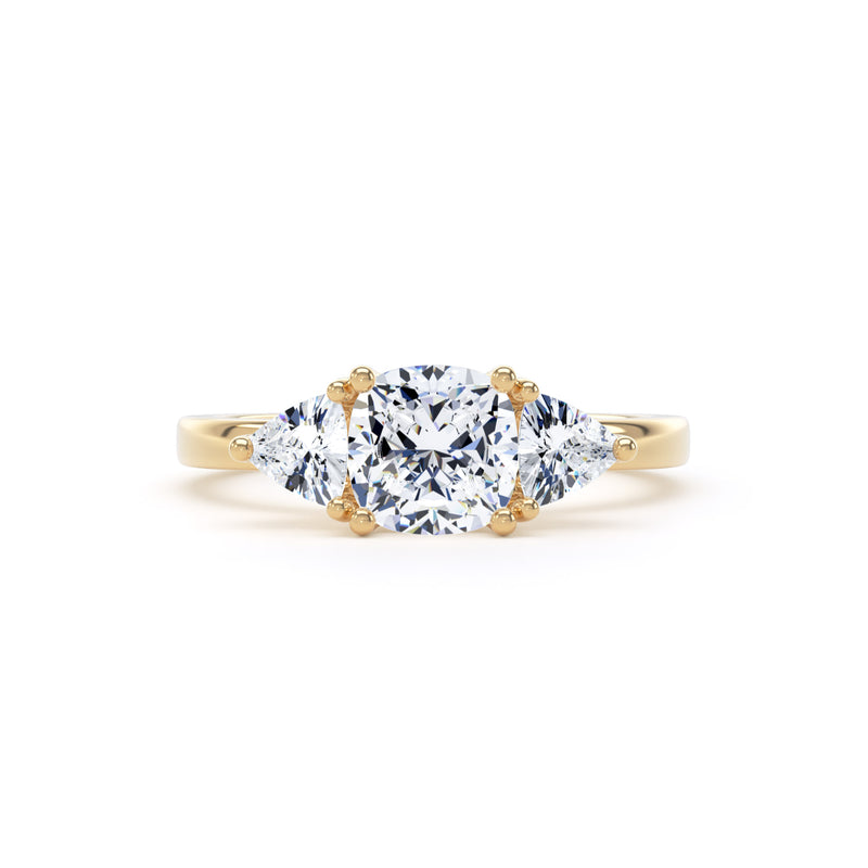 Cushion Cut Diamond Trilogy Ring With Twin Trilliant Stones In 18K Solid Gold