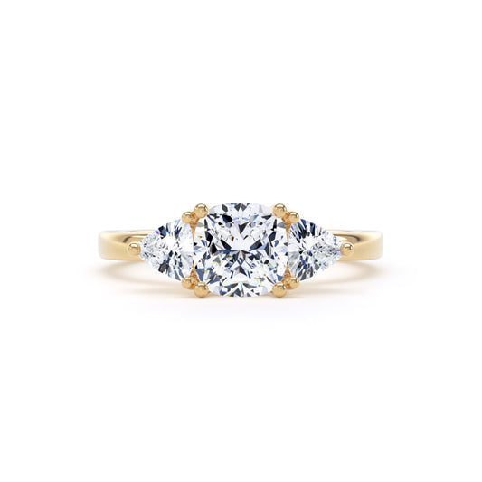 Cushion Cut Diamond Trilogy Ring With Twin Trilliant Stones In 18K Solid Gold