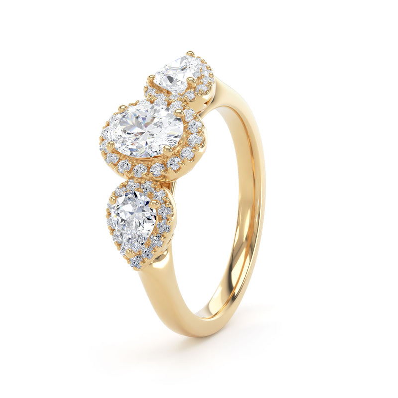 Oval & Twin Pear Diamond Halo Trilogy Ring In 18K Solid Gold
