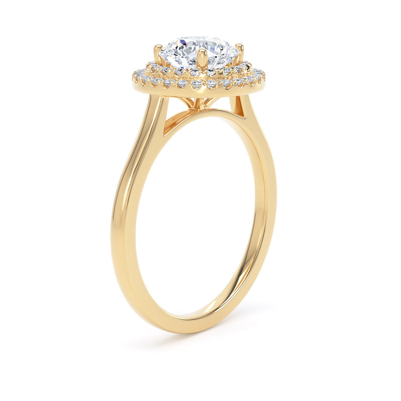 Round Brilliant Diamond Double Halo Ring With Plain Band In 18K Solid Gold