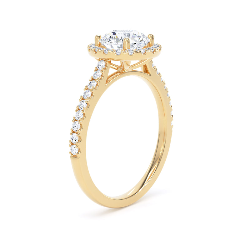 Round Brilliant Cut Diamond Halo Ring With Encrusted Band In 18K Solid Gold