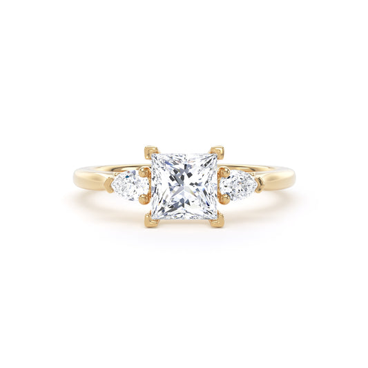 Princess & Twin Pear Diamond Trilogy Ring In 18K Solid Gold
