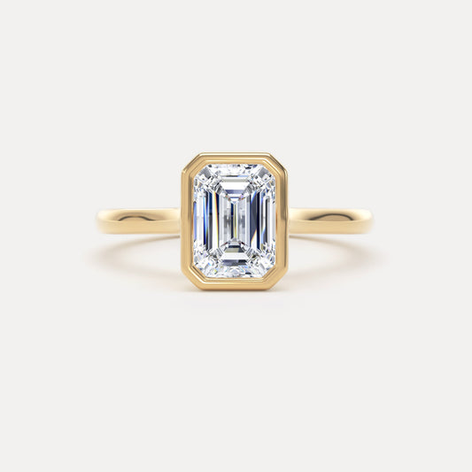 Emerald Cut Bezel Set Diamond Solitaire Ring In 18K Solid Gold