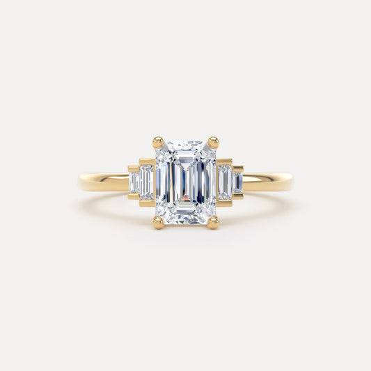 Emerald Cut Five Stone Diamond Ring In 18K Solid Gold