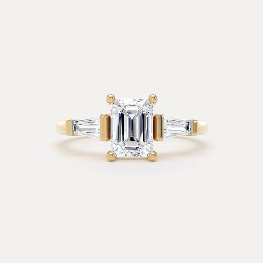 Emerald Cut Trilogy Diamond Ring In 18K Solid Gold
