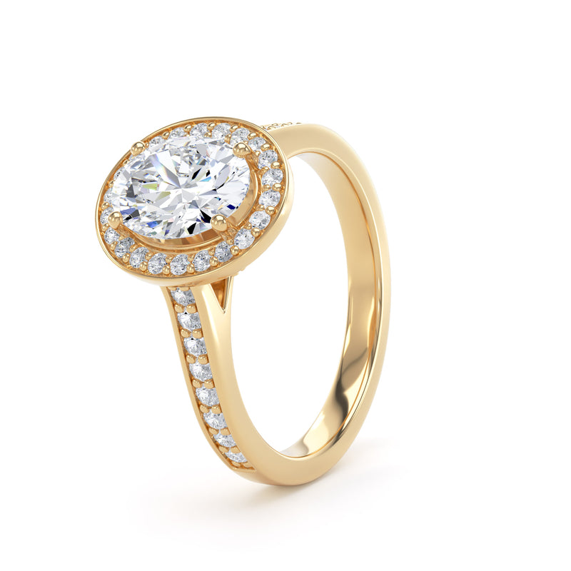 Oval Diamond Halo Ring With Channel Set Band In 18K Solid Gold