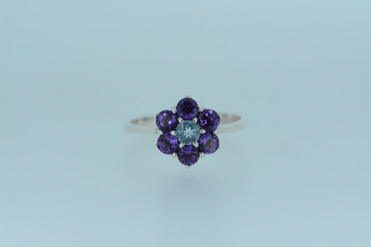 Amethyst & Blue Topaz Flower Cluster Ring