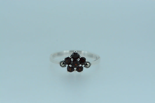 African Garnet Flower Cluster Silver Ring