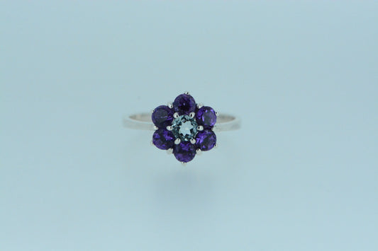 Blue Topaz & Amethyst Flower Cluster Ring