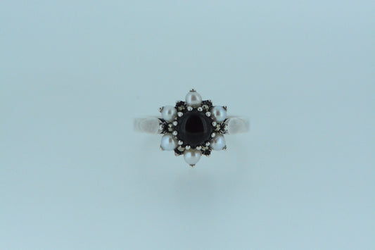 Black Onyx and Pearl Flower Cluster Ring