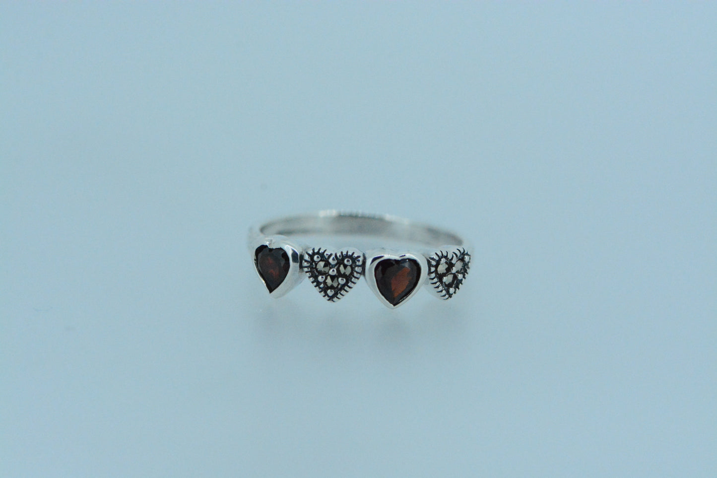 African Garnet Hearts Silver Ring