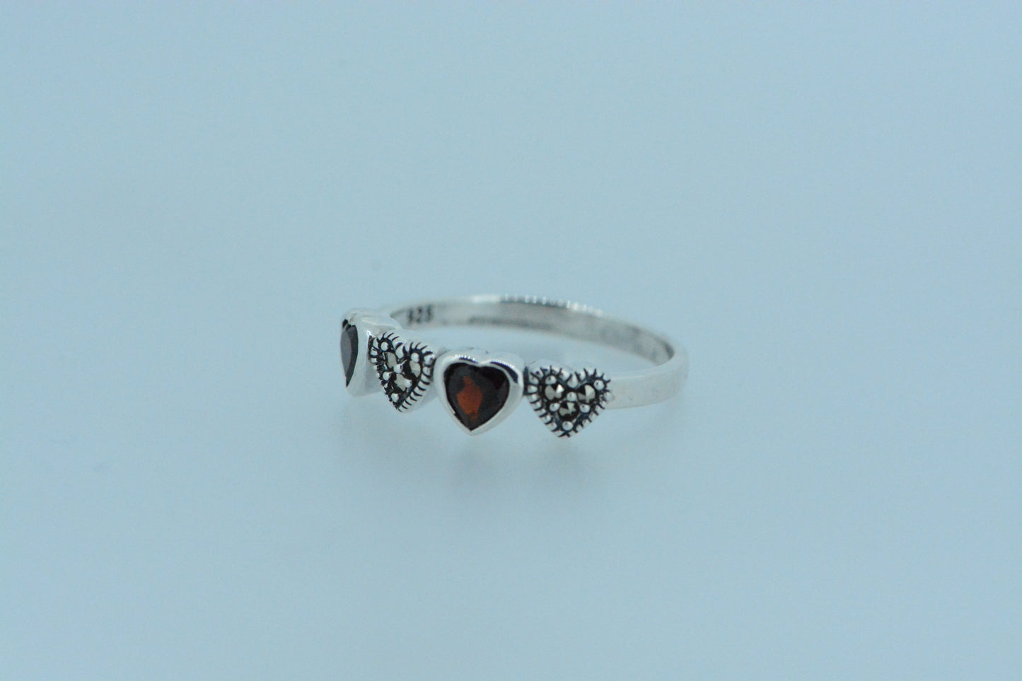 African Garnet Hearts Silver Ring