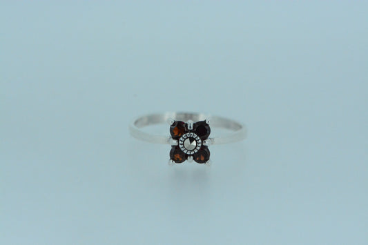 African Garnet Four-Leaf Clover Silver Ring
