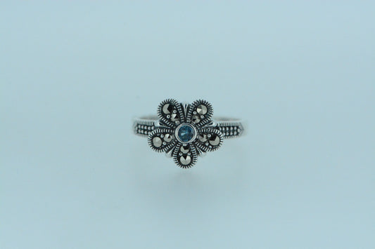 Blue Topaz Flower Silver Ring