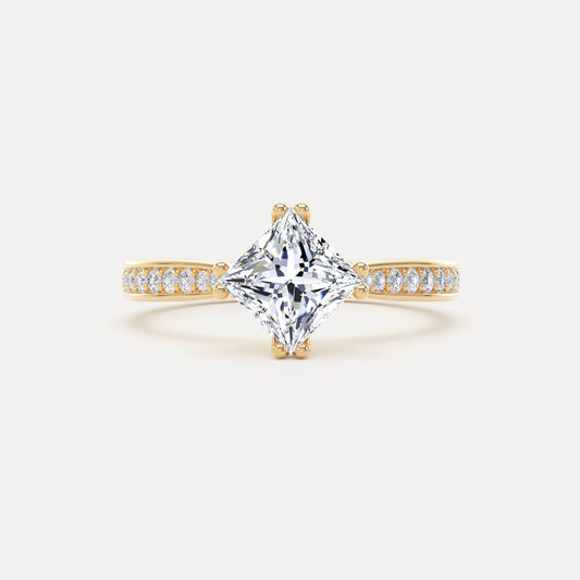 Oblique Princess Diamond Solitaire Ring With Encrusted Band In 18K Solid Gold