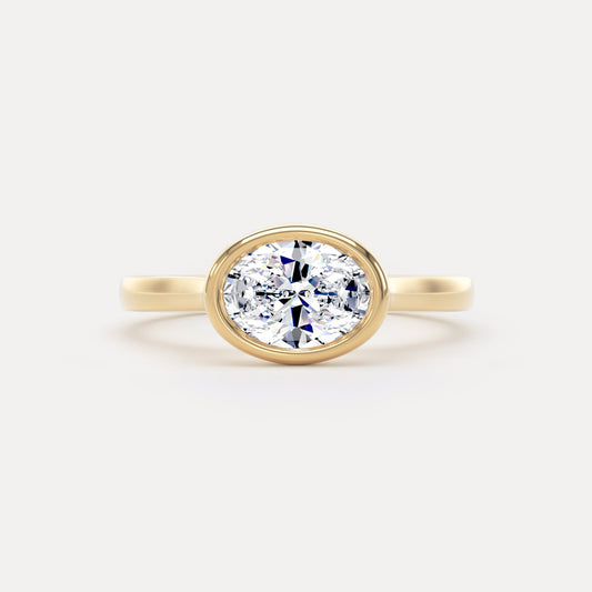 Oval Diamond Bezel Set East To West Ring In 18K Solid Gold