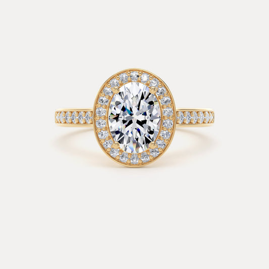 Oval Diamond Halo Ring With Channel Set Band In 18K Solid Gold