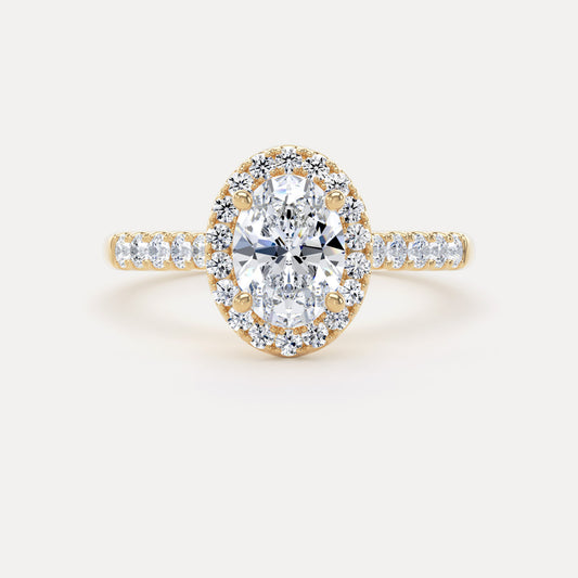 Oval Diamond Halo Ring With Ten Diamond Set Band In 18K Solid Gold