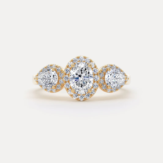Oval & Twin Pear Diamond Halo Trilogy Ring In 18K Solid Gold