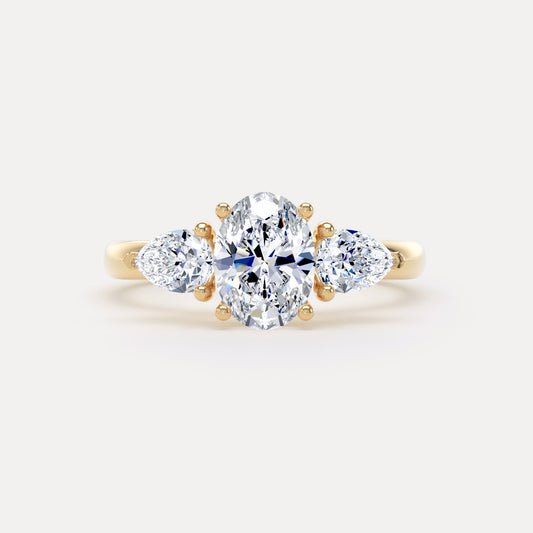 Oval & Twin Pear Diamond Trilogy Ring In 18K Solid Gold