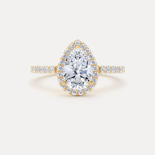 Pear Diamond Halo Ring With Encrusted Band In 18K Solid Gold