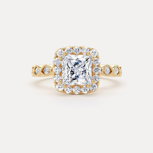 Princess Diamond Halo Ring With Diamond Set Woven Band In 18K Solid Gold
