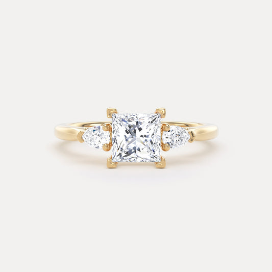 Princess & Twin Pear Diamond Trilogy Ring In 18K Solid Gold