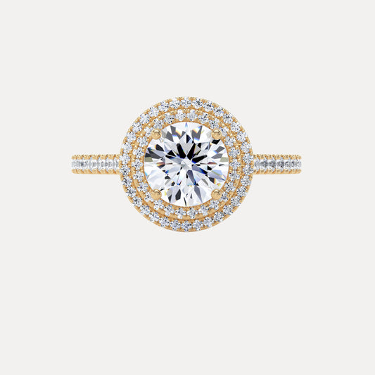 Round Brilliant Diamond Double Halo Ring With Encrusted Band In 18K Solid Gold