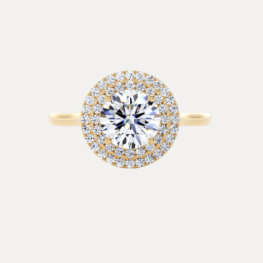 Round Brilliant Diamond Double Halo Ring With Plain Band In 18K Solid Gold