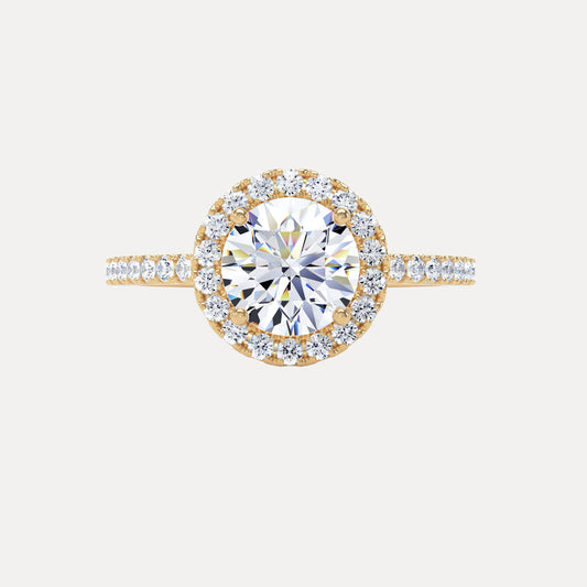 Round Brilliant Diamond Halo Ring With Encrusted Band In 18K Solid Gold