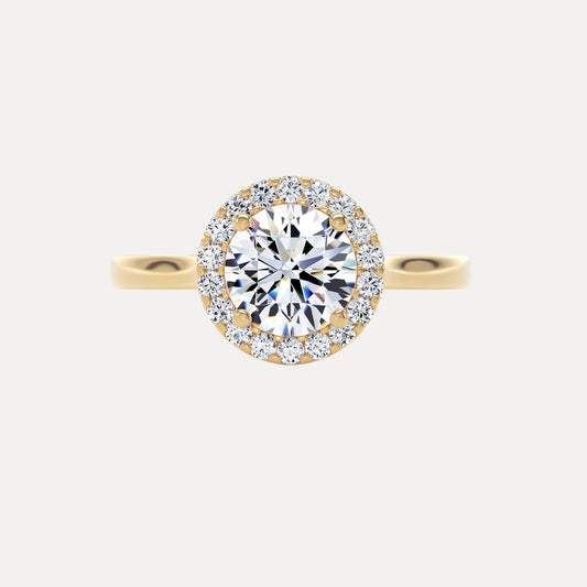Round Brilliant Diamond Halo Ring With Plain Band In 18K Solid Gold