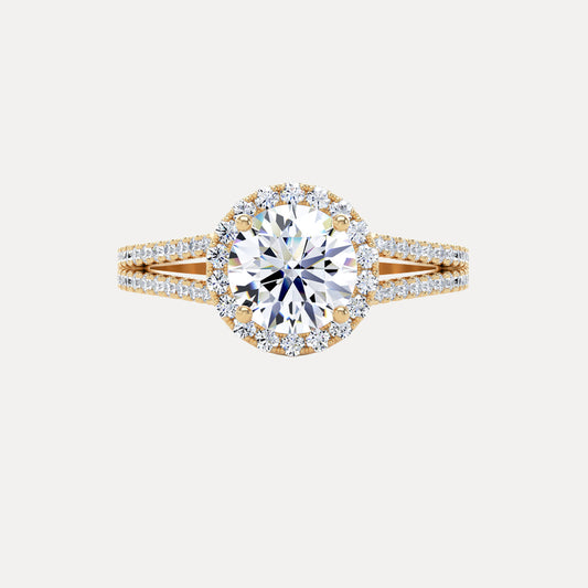 Round Brilliant Diamond Halo Ring With Encrusted Split Shank In 18K Solid Gold