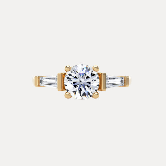 Brilliant Round With Twin Tapered Baguettes Diamond Trilogy Ring In 18K Solid Gold