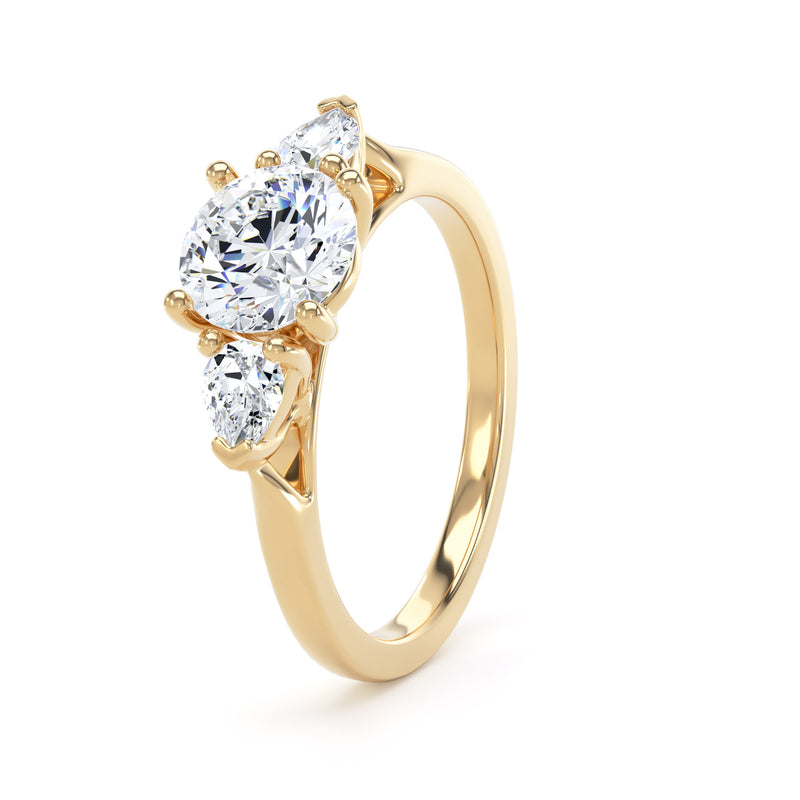 Brilliant Round & Twin Pear Trilogy Diamond Ring In 18K Solid Gold
