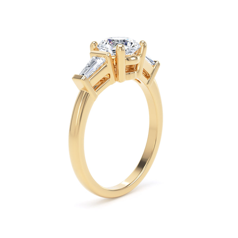 Brilliant Round With Twin Tapered Baguettes Diamond Trilogy Ring In 18K Solid Gold