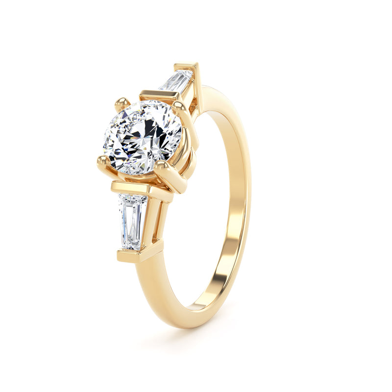 Brilliant Round With Twin Tapered Baguettes Diamond Trilogy Ring In 18K Solid Gold
