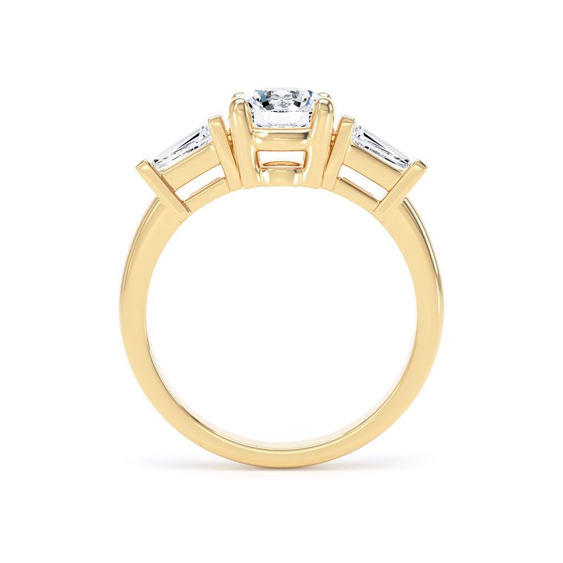 Brilliant Round With Twin Tapered Baguettes Diamond Trilogy Ring In 18K Solid Gold